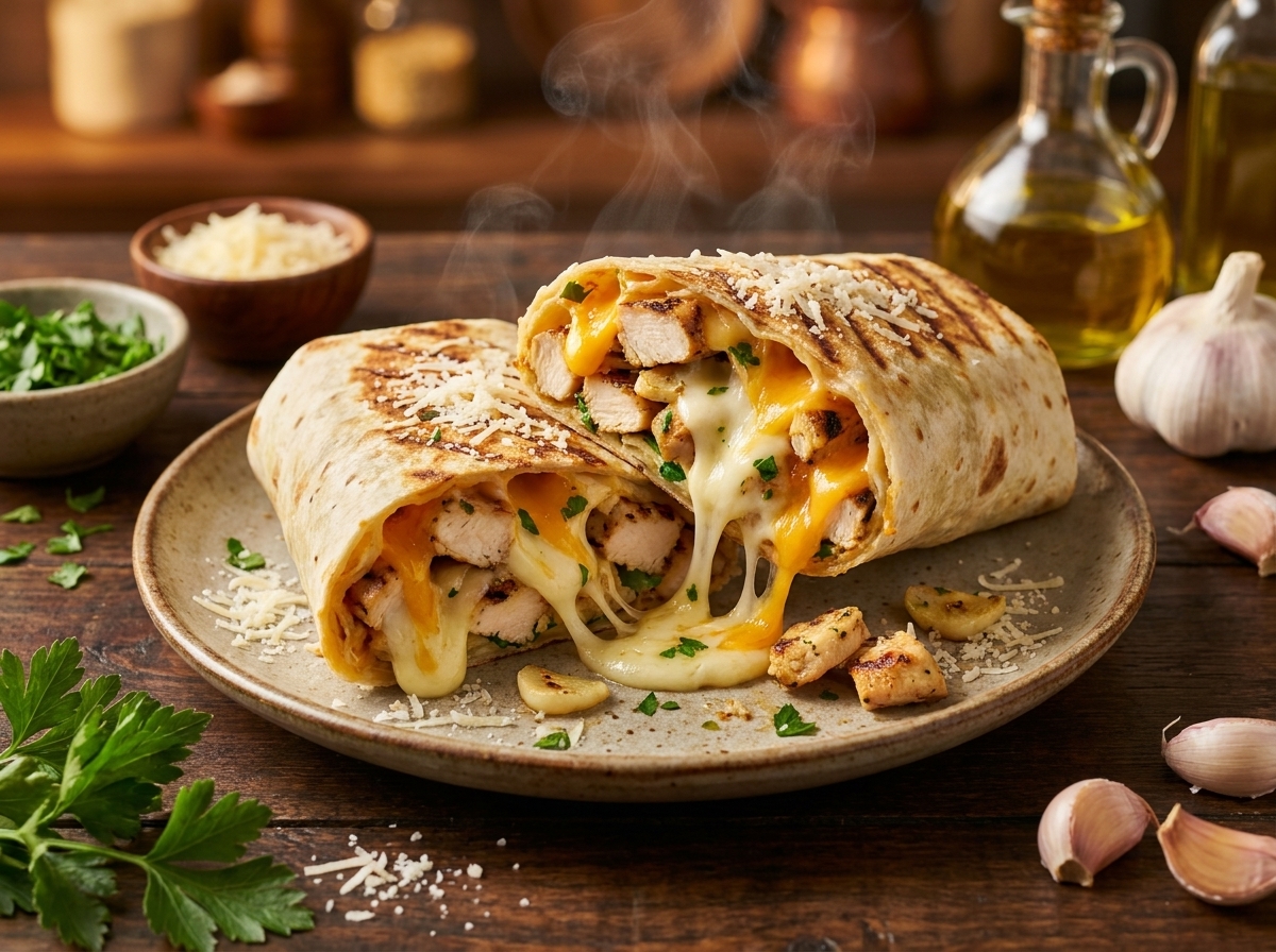 Ooey-Gooey Cheesy Garlic Chicken Wraps