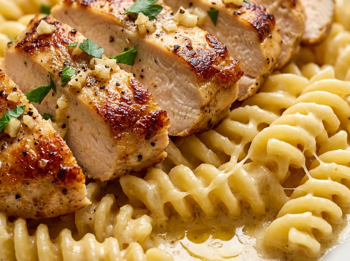 Creamy Garlic Parmesan Chicken with Cheesy Twisted Pasta