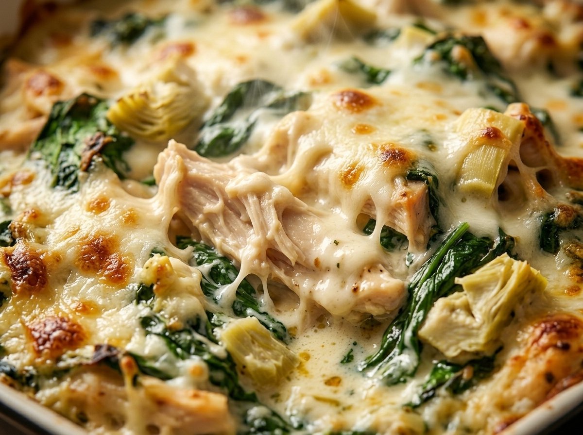 High Protein Spinach Artichoke Chicken Casserole
