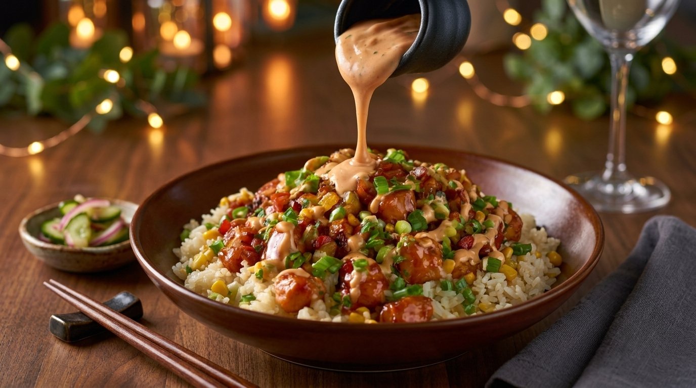 BBQ Chicken Bowls with Cumin Rice and Ranch Drizzle
