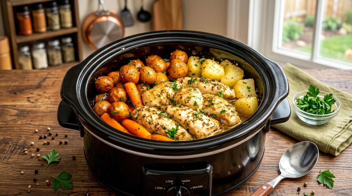 Easy Crockpot Garlic Herb Chicken and Veggies