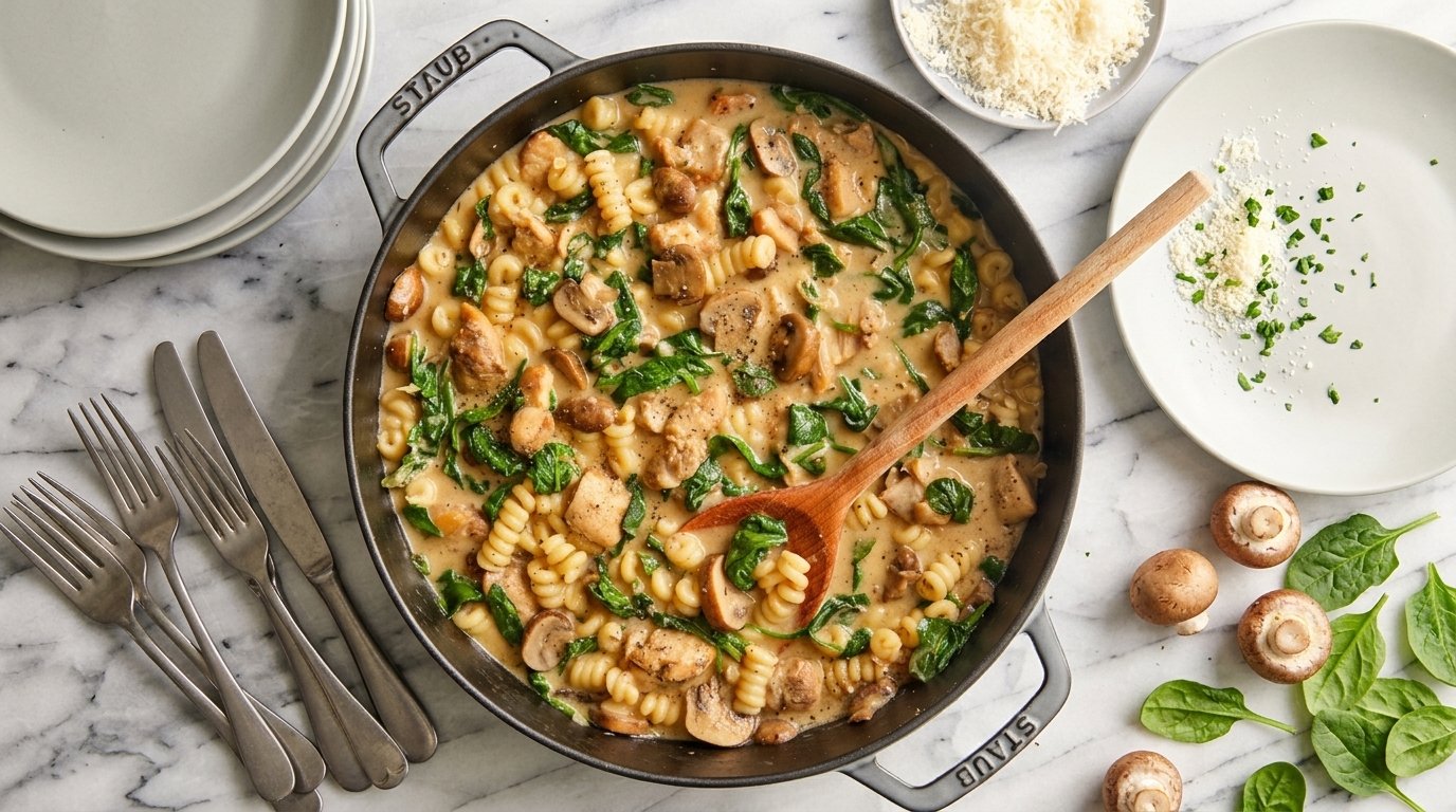 Cozy One Pot Creamy Chicken and Mushroom Pasta