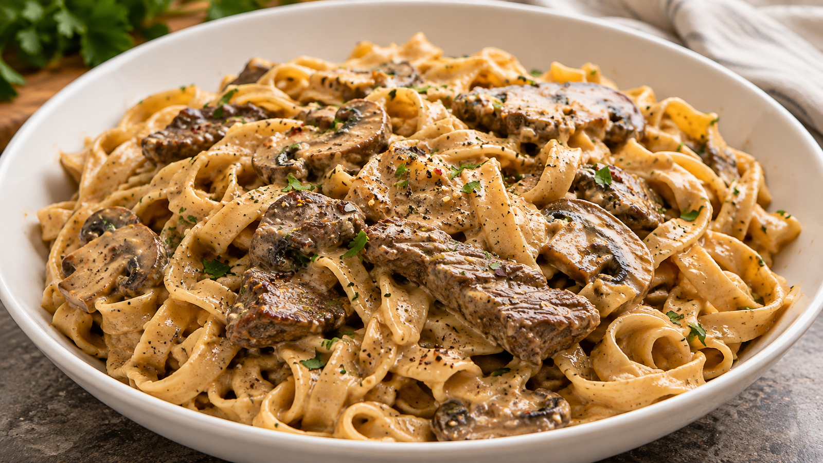 Creamy Beef Stroganoff With Mushrooms and Egg Noodles