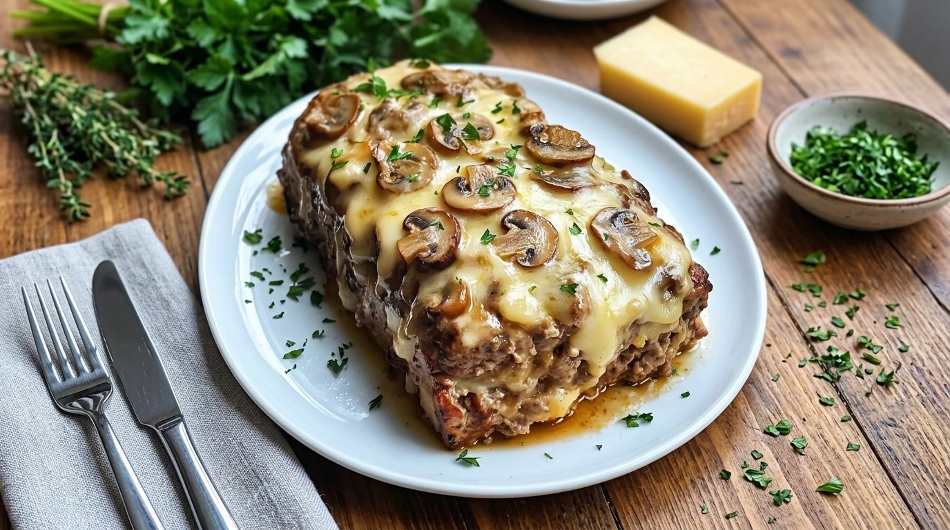 Mushroom Swiss Meatloaf with Bacon and Ketchup Glaze