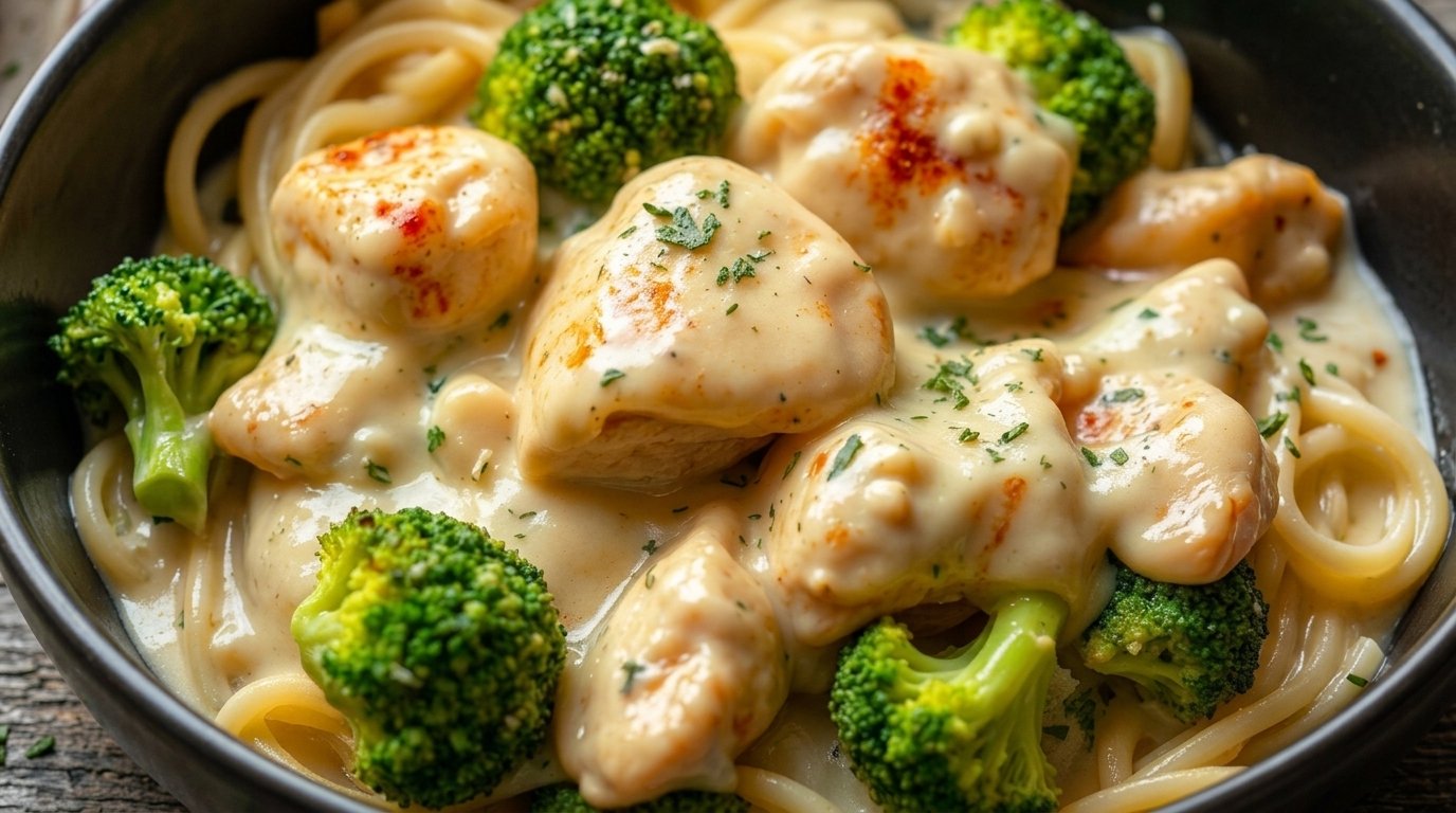 Creamy Crockpot Chicken Alfredo with Broccoli and Pasta