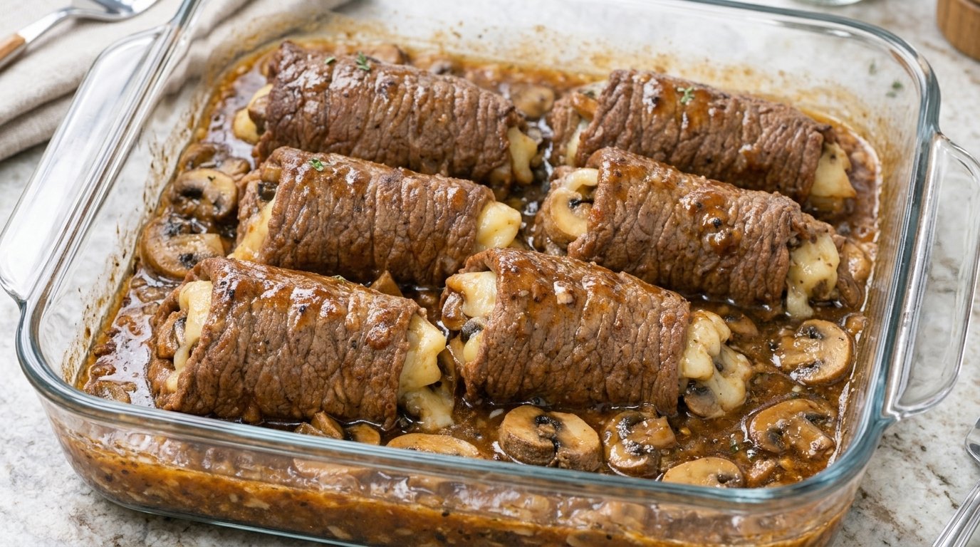 Mushroom Swiss Steak Rolls Baked in Rich Brown Gravy