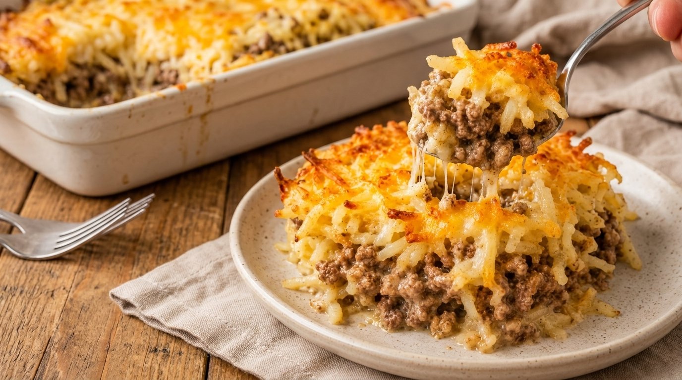 Cheesy Hamburger Hashbrown Casserole for Dinner Tonight