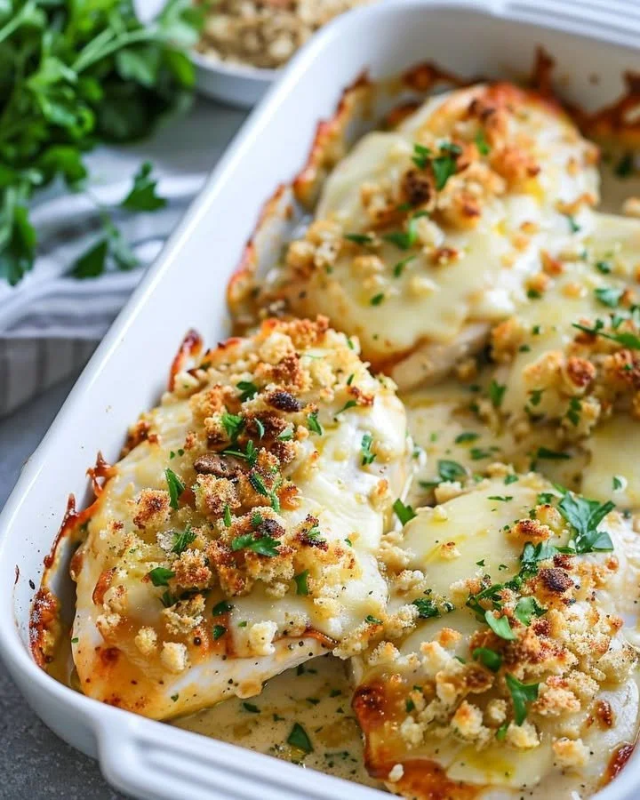Baked Caesar Chicken with Provolone and Crunchy Croutons
