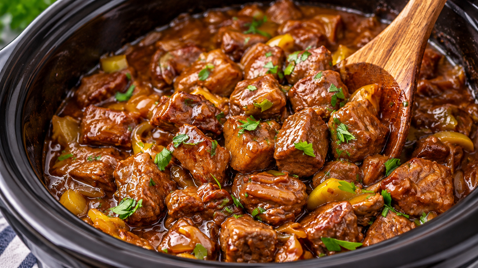 Crockpot Mississippi Steak Bites with Pepperoncini