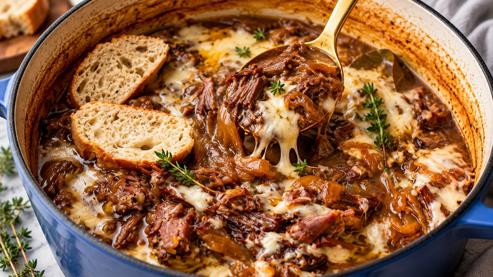 French Onion Pot Roast with Melted Gruyere